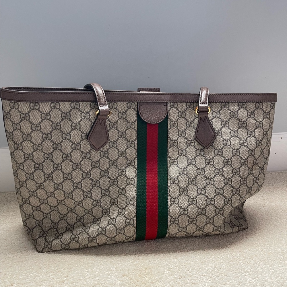 Gucci Ophidia Monogram Tote with classic Web stripe
